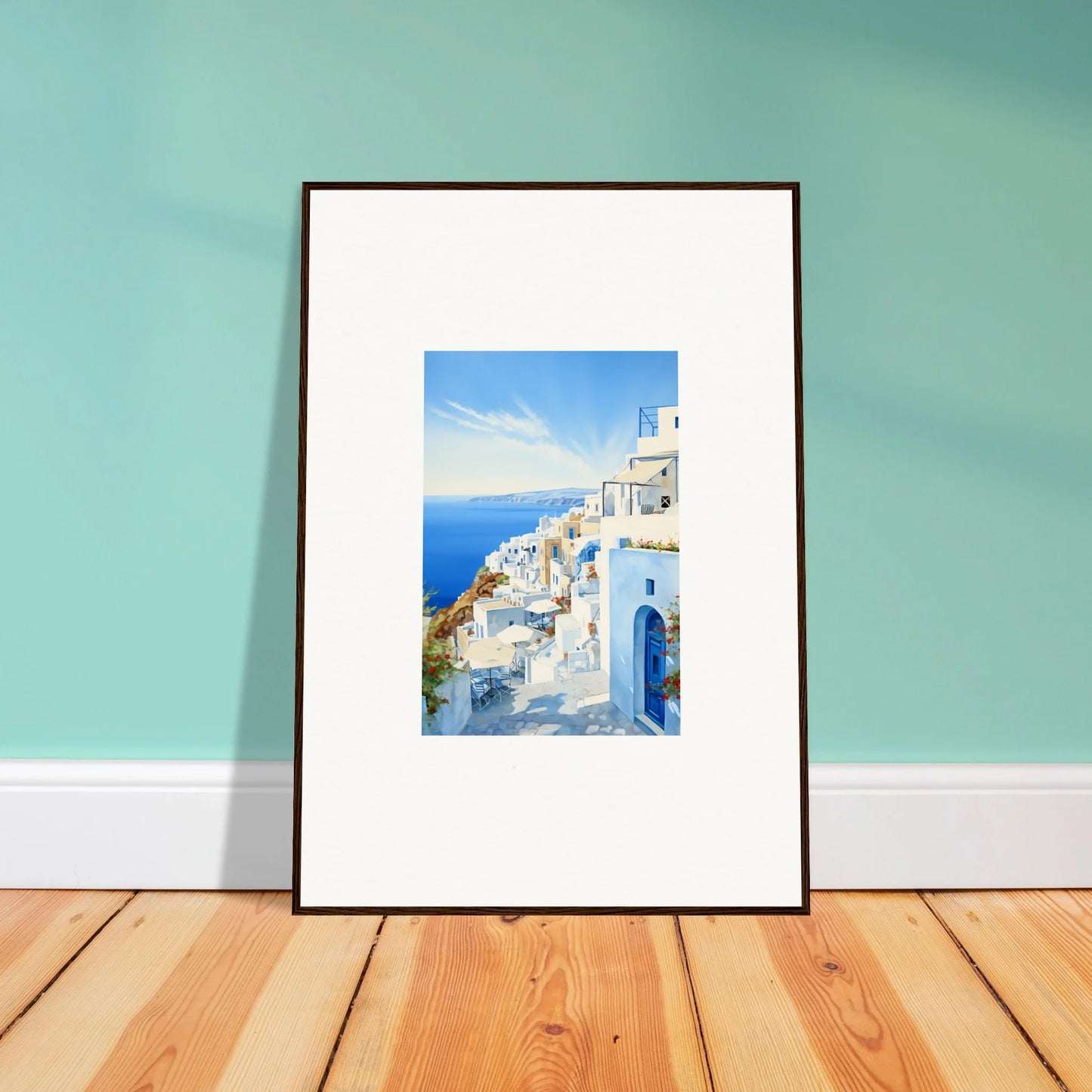 Framed photo of Santorini’s white buildings and blue domes in Mediterranean Serenity Remastered