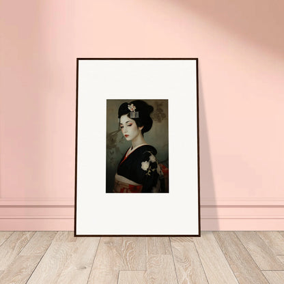 Framed wall art of a geisha in black kimono from Cherry Dream Surrealism collection