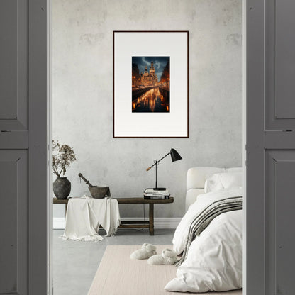 Framed photograph of Reflected Dreamscape Tides with a glowing church and water reflections