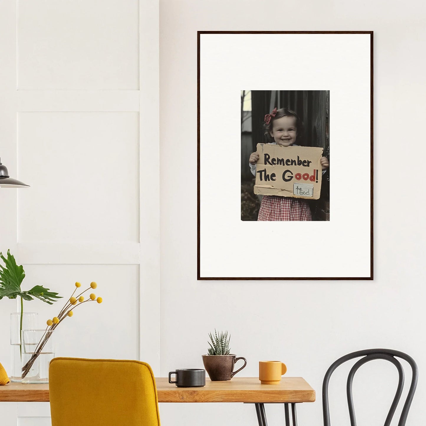 Framed black and white photo of someone holding a Remember The Good sign for Smiles Forlornly Singing