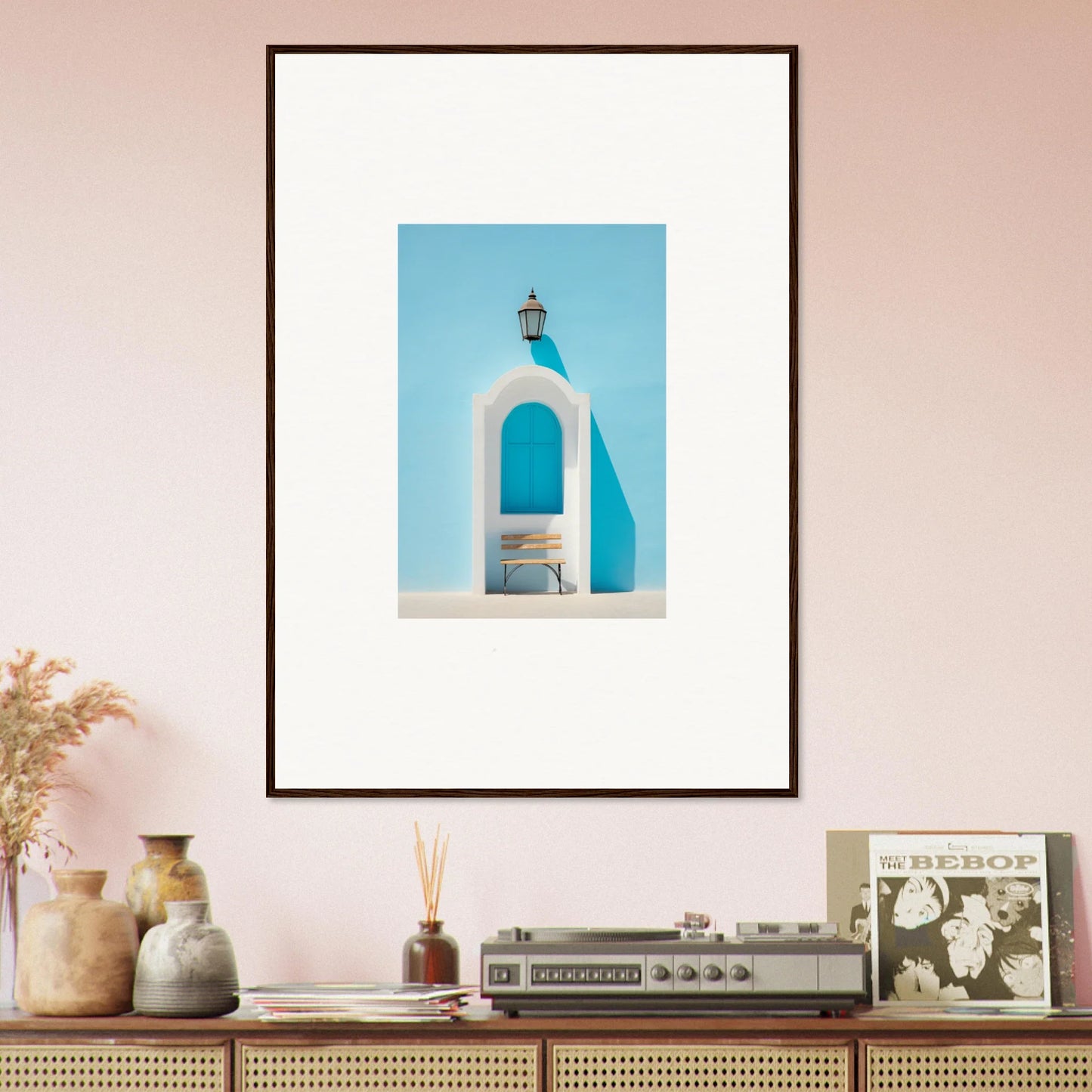 Framed wall art of an Ethereal Mediterranean Pause with a white arch and blue lantern