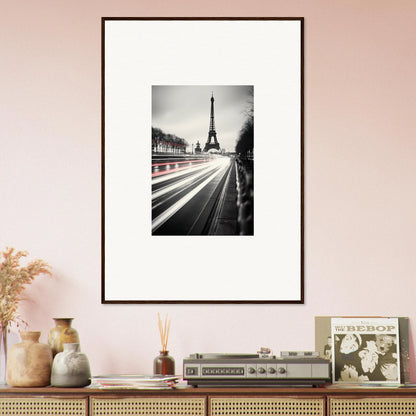 Framed black and white Eiffel Tower photo with light trails, in Eternal Windsweep Halo