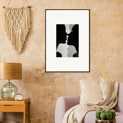 Stylish black and white silhouette of two profiles kissing in Nouveau Love Symphony art