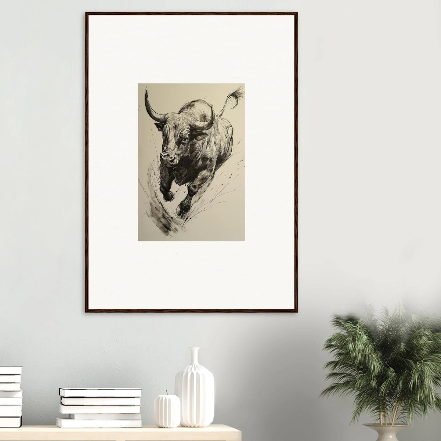 Framed black and white sketch of a charging bull for Ebullient Storm Release art