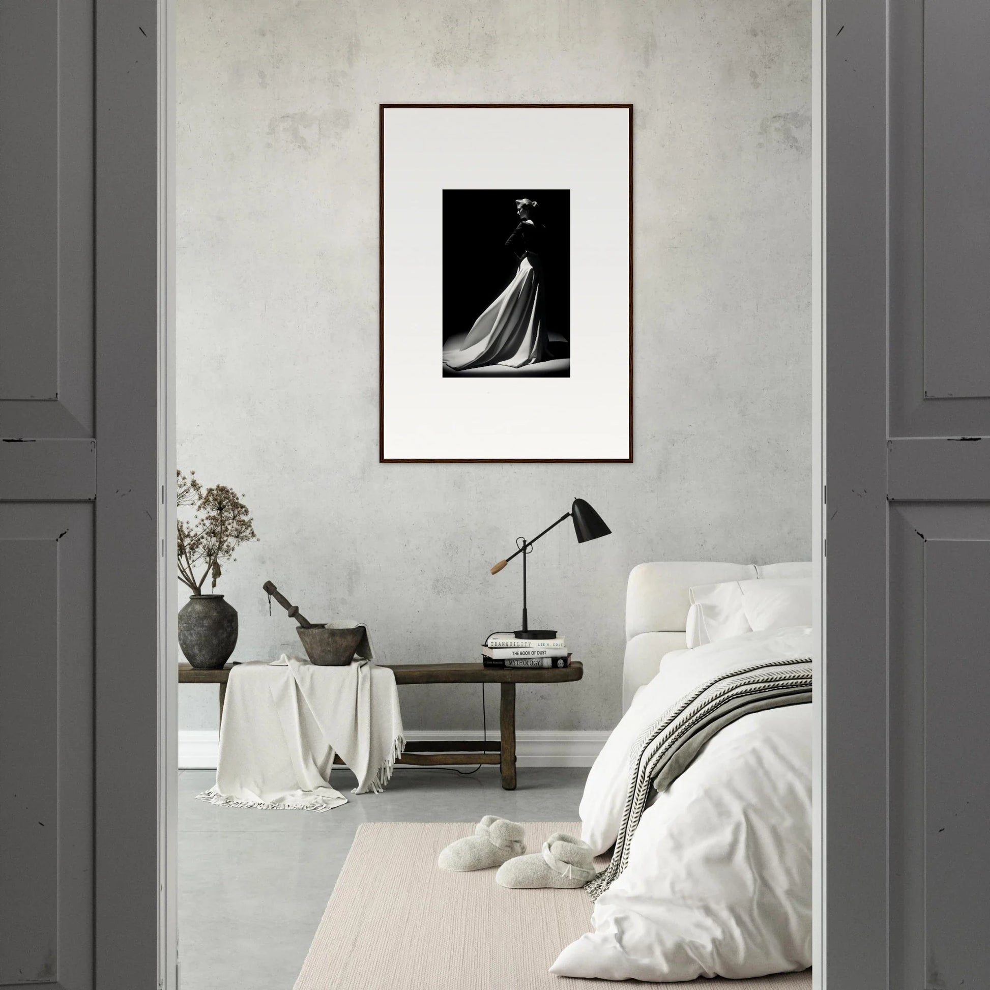 Monochromatic bedroom featuring framed wall art from Veiled Monochrome Journey special edition