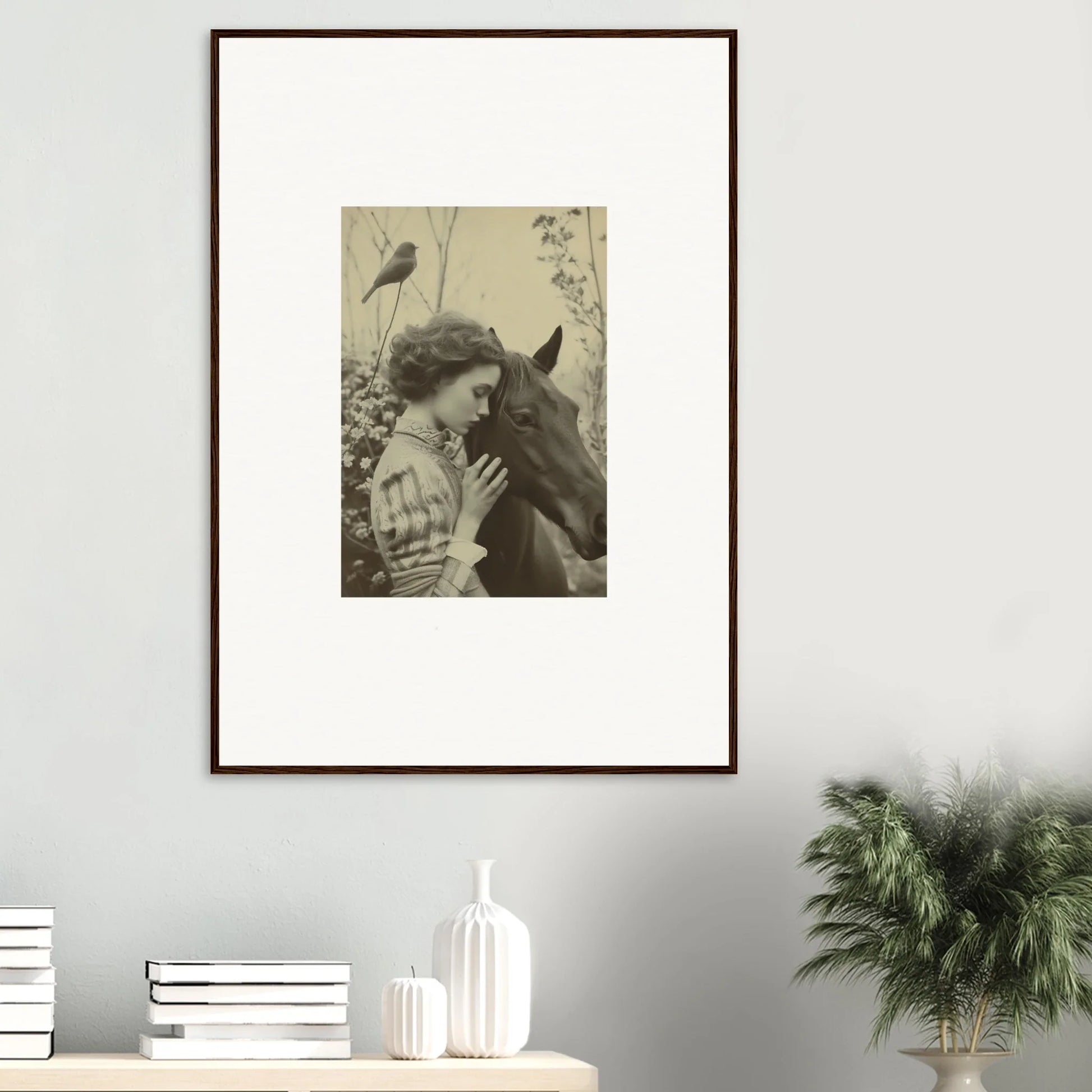 Framed vintage photograph of a woman with a horse for unique room decoration wall art