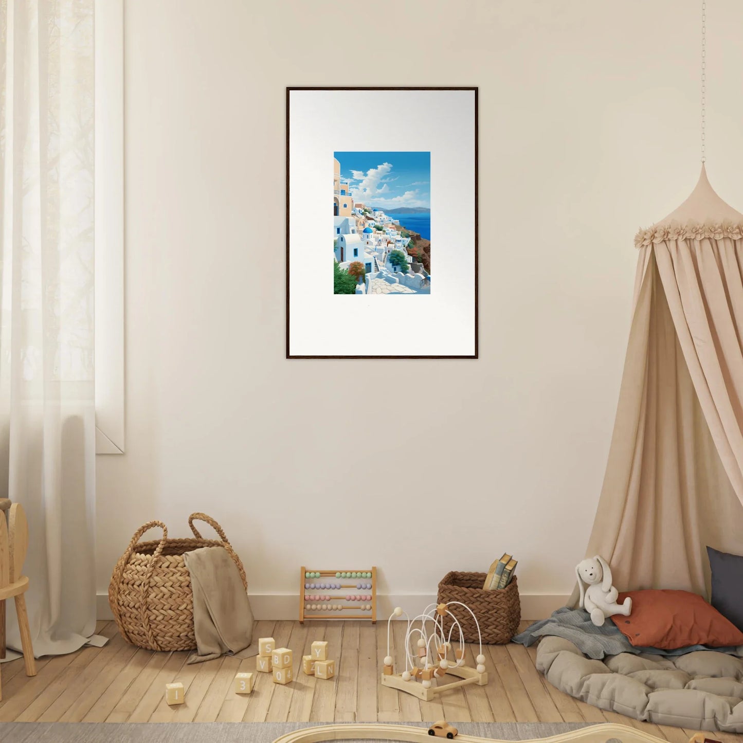 Framed Sunday Stahl Messiração art of Santorini’s white buildings and blue domes