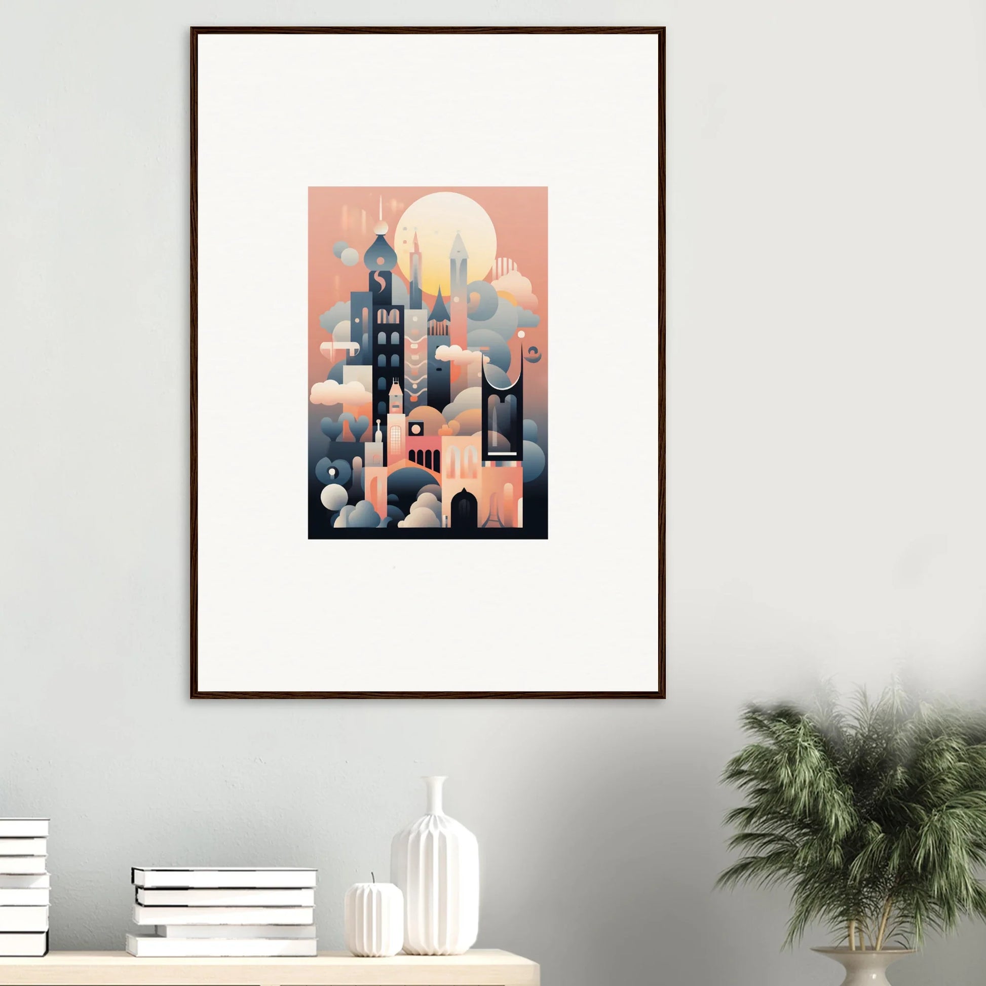 Whimsical Ephemeral Castle Whispers art print in pink and blue tones at sunset