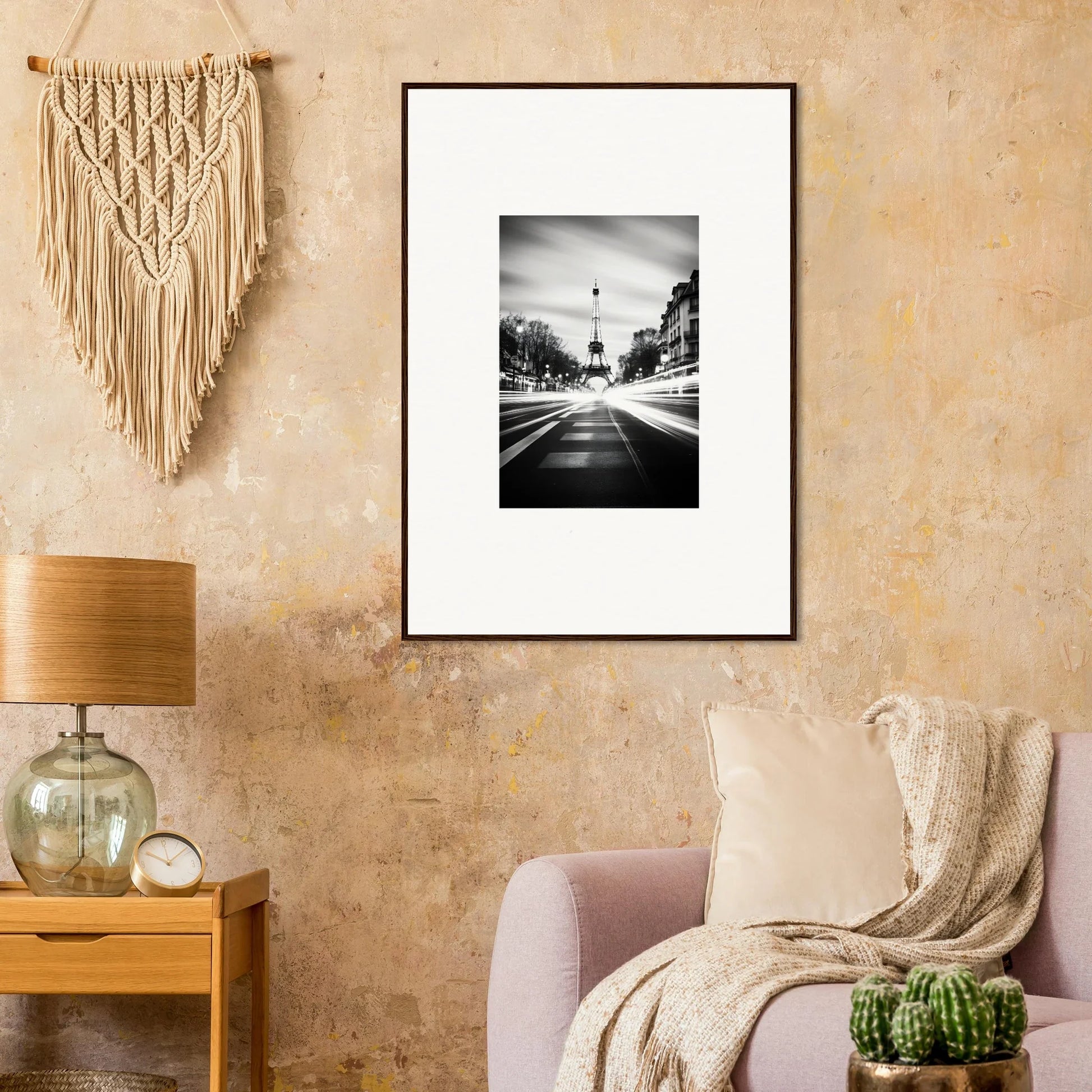 Black and white framed wall art of a city street with the Eiffel Tower in Synth Wave Elysium