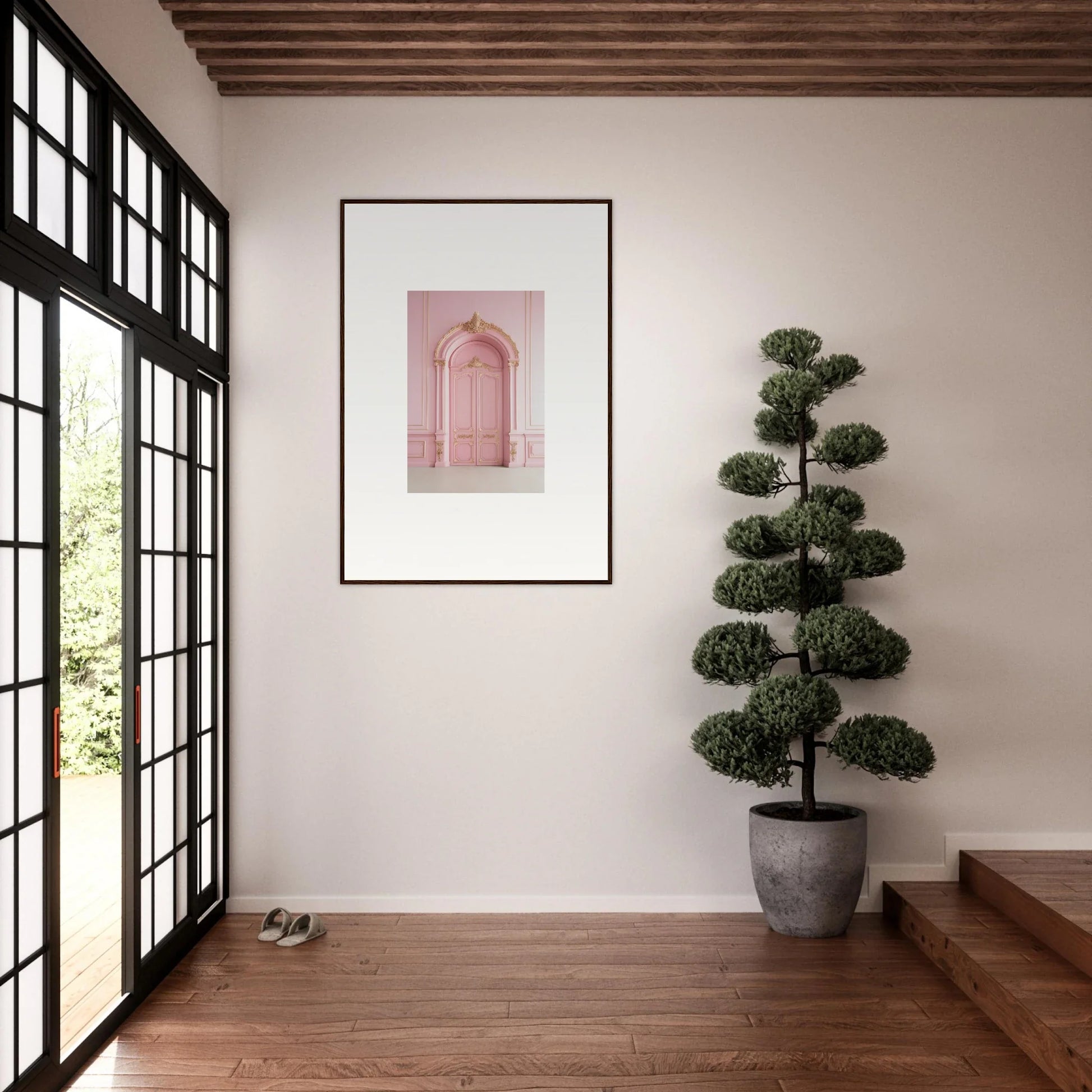 Framed pink doorway photograph in Paris Dreams Frame on a white wall, stylish home decor