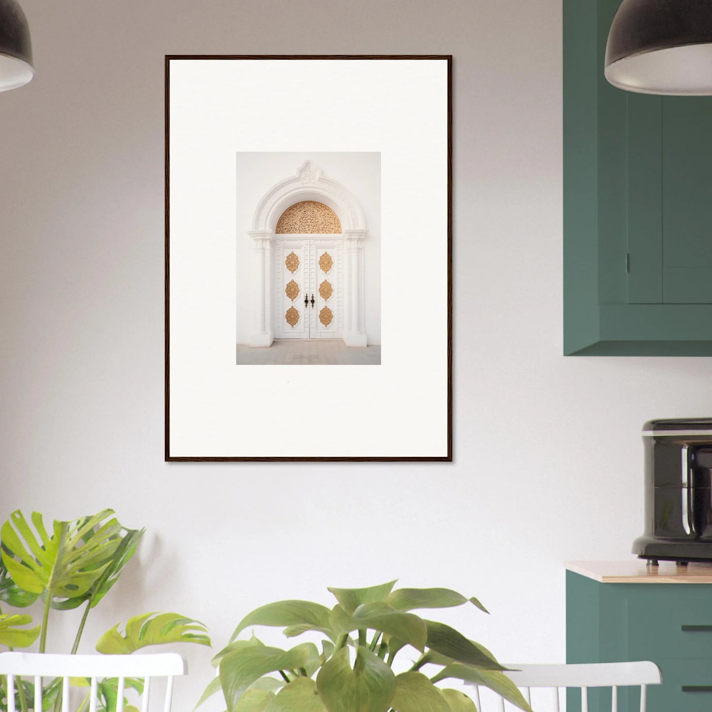 Framed wall art of a white ornate doorway from Gilded Mirage Passage special edition art™