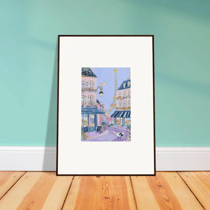 Framed wall art of a pastel Parisian street scene from Hat Lemons Paris special edition art™