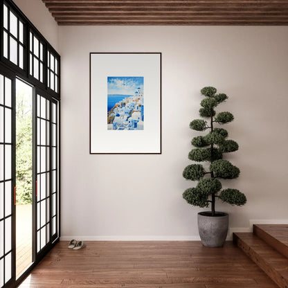 Framed artwork of Santorini’s blue-domed buildings for a premium framed wall vibe