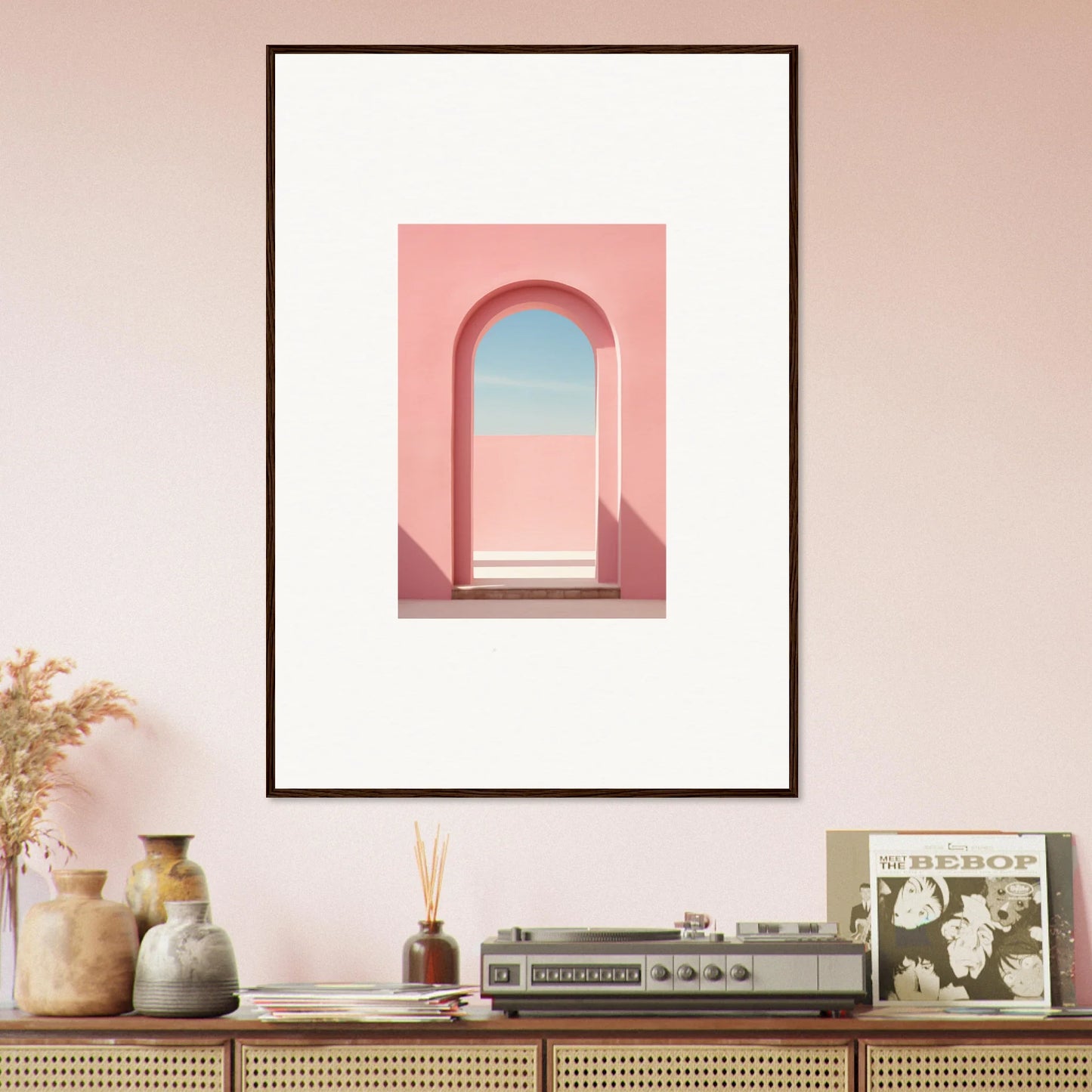 Framed art print of a pink archway against blue sky from Echo of Horizons collection