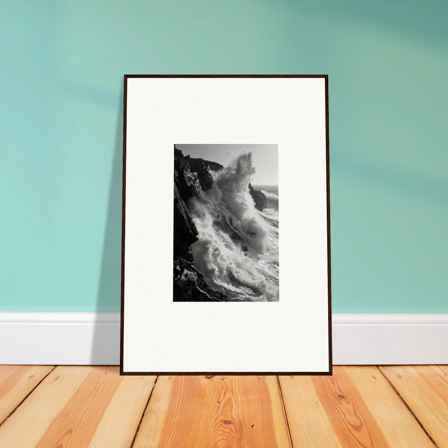 Framed black and white photo of crashing waves in Tempest Winks Reverie special edition art™