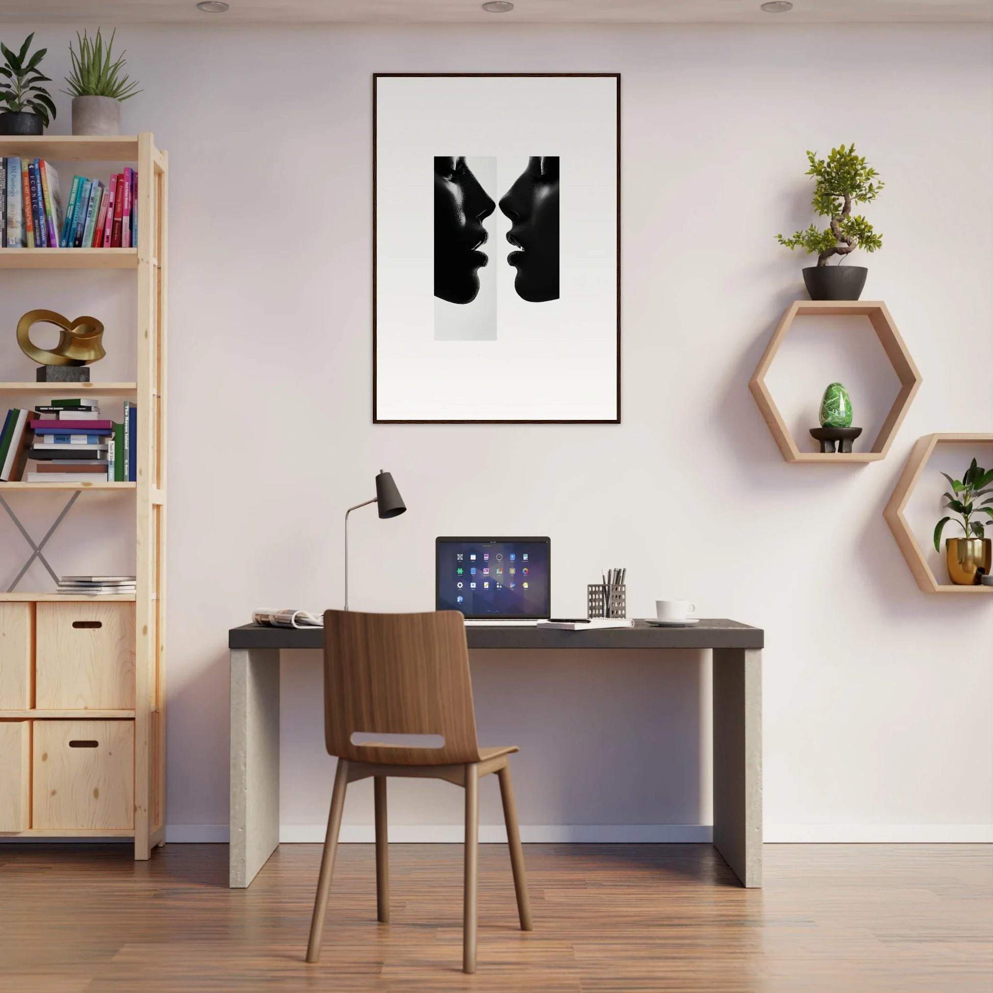 Modern home office with dark desk, wooden chair, and Liminal Echoes framed posters