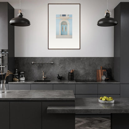 Modern dark gray kitchen featuring Delphinium Dream Portal framed wall art with industrial lights