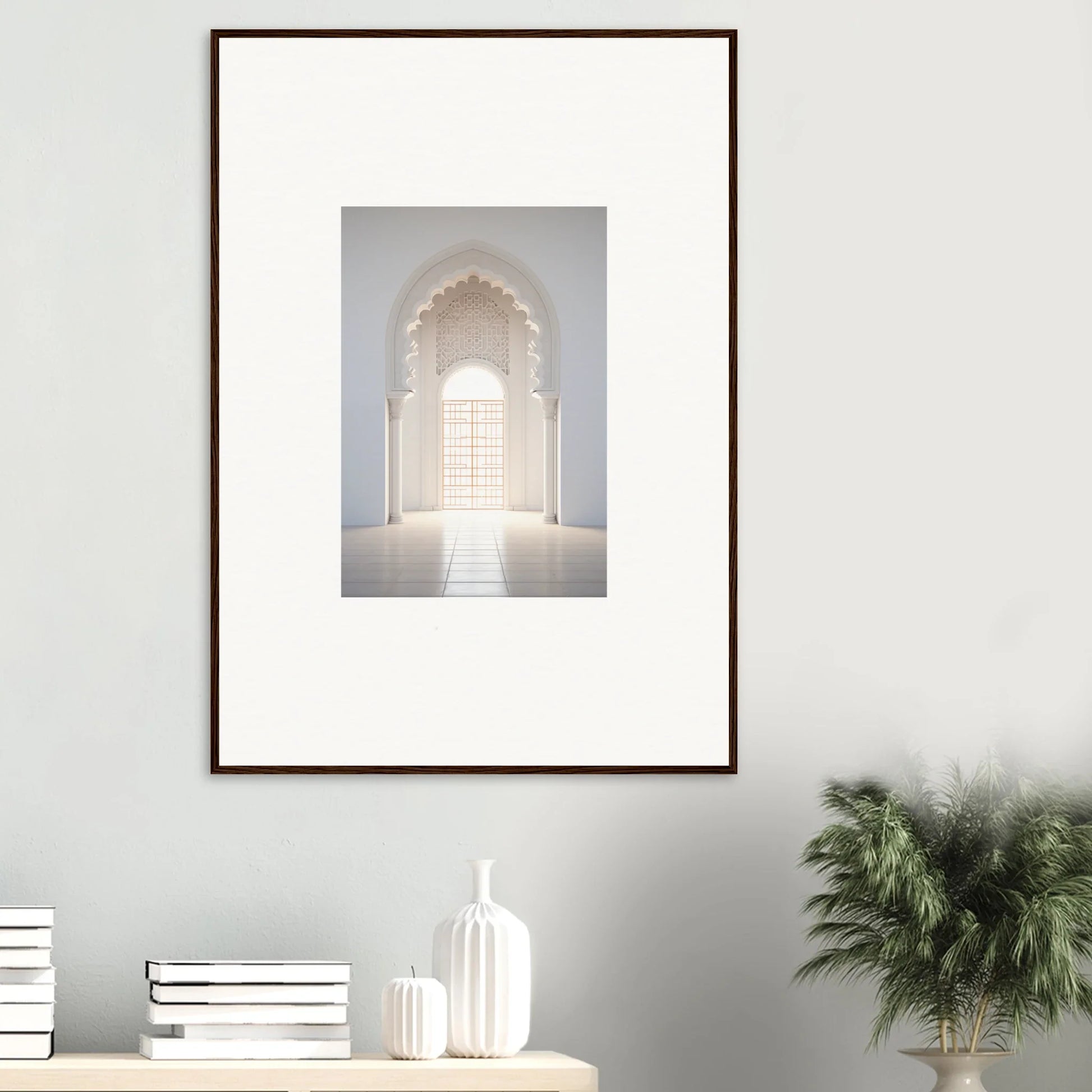 Framed photo of a bright white archway in the Threshold Dreamscapes Portal design