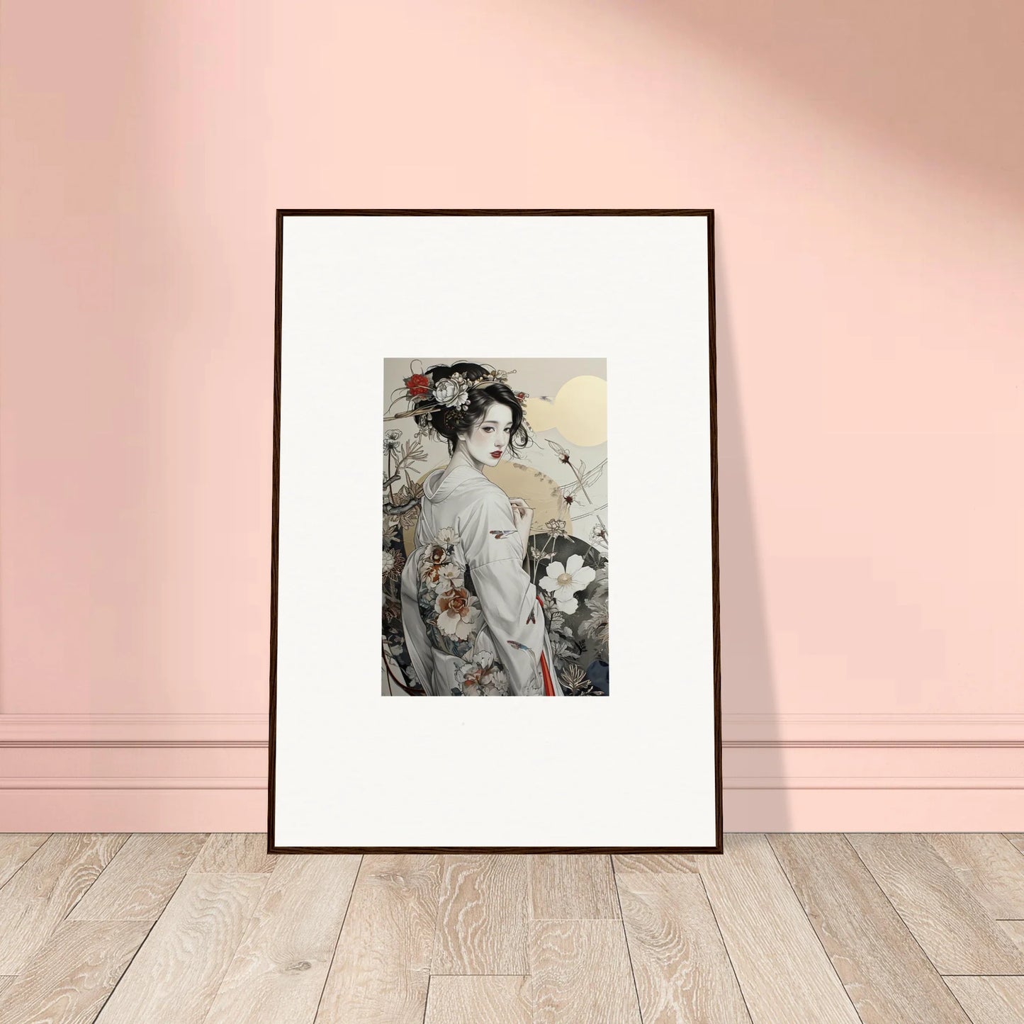 Framed black and white art of a geisha for Daydream Blossom Wistitudes special edition