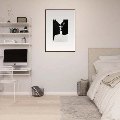 Minimalist black and white silhouette art of two profiles, Luminous Midnight Kiss