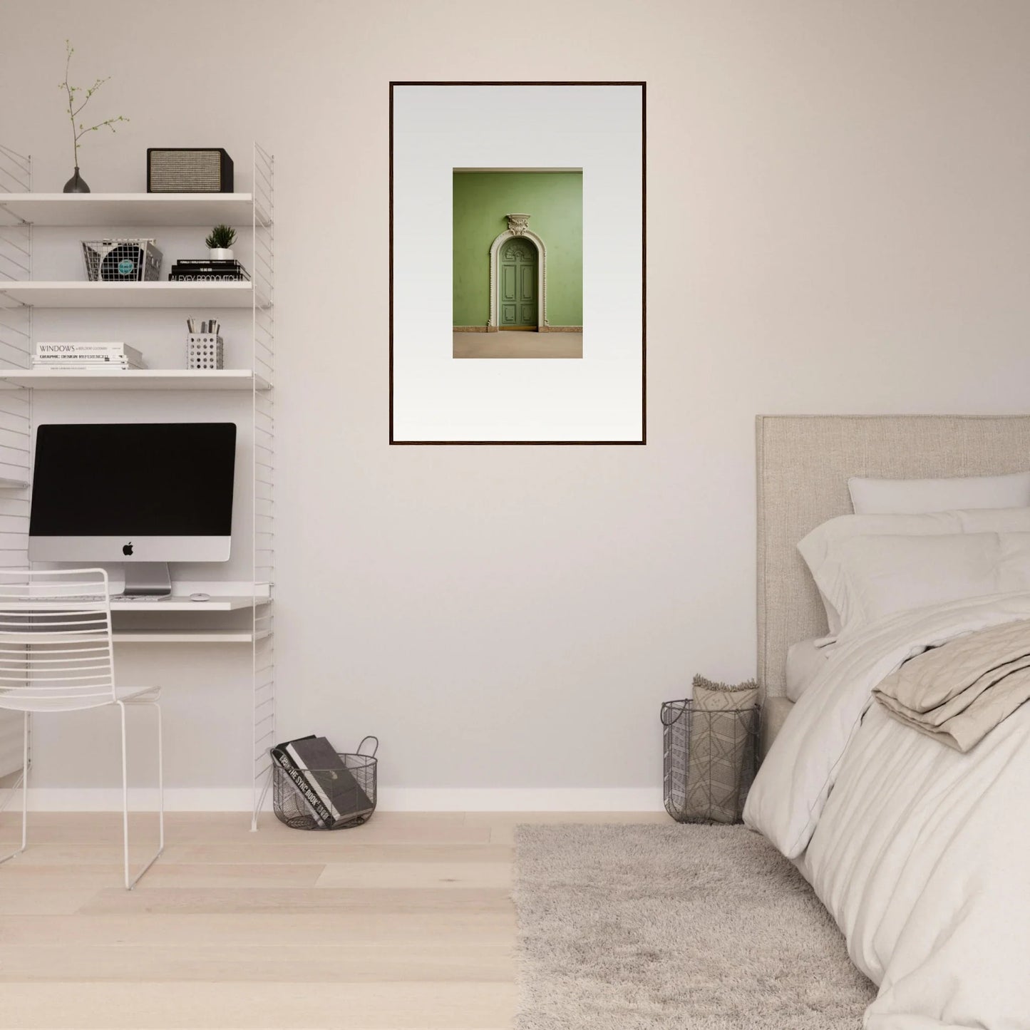 Minimalist bedroom featuring Verdant Illusion Sphere framed wall art and iMac workstation