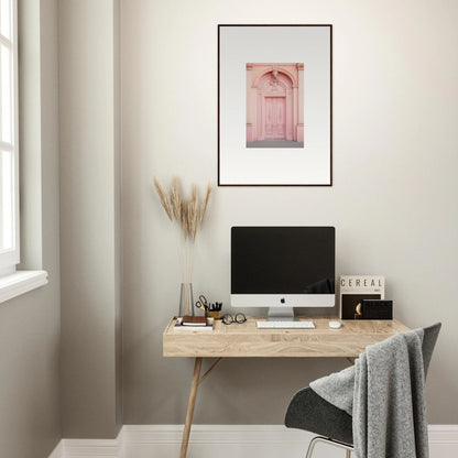 Simple wooden desk with iMac, showcasing the Porphyr Pink Processions special edition art™