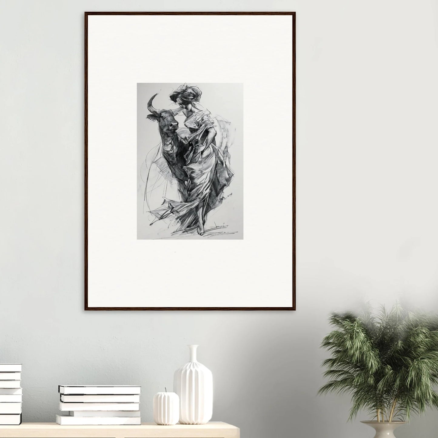 Framed black and white sketch of a dancer in flowing dress from Sylvan Euphoria Lumia