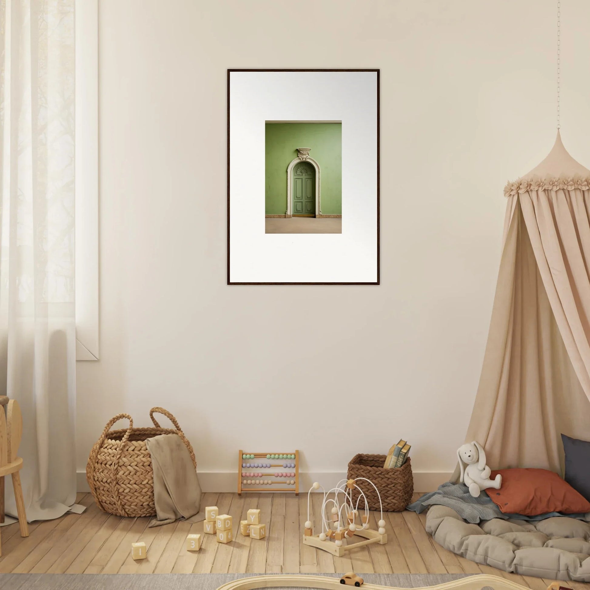 Framed wall art of an arched doorway on a mint green wall, part of Verdant Illusion Sphere