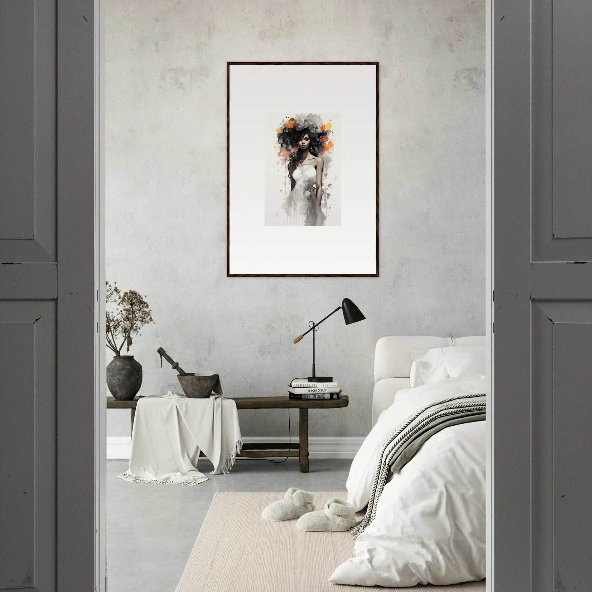 Minimalist bedroom featuring Ethereal Echoes Blossoms framed wall art on gray wall