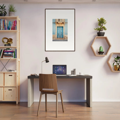 Modern home office with dark desk and shelves featuring Ephemeral Dreamscape Doorway art