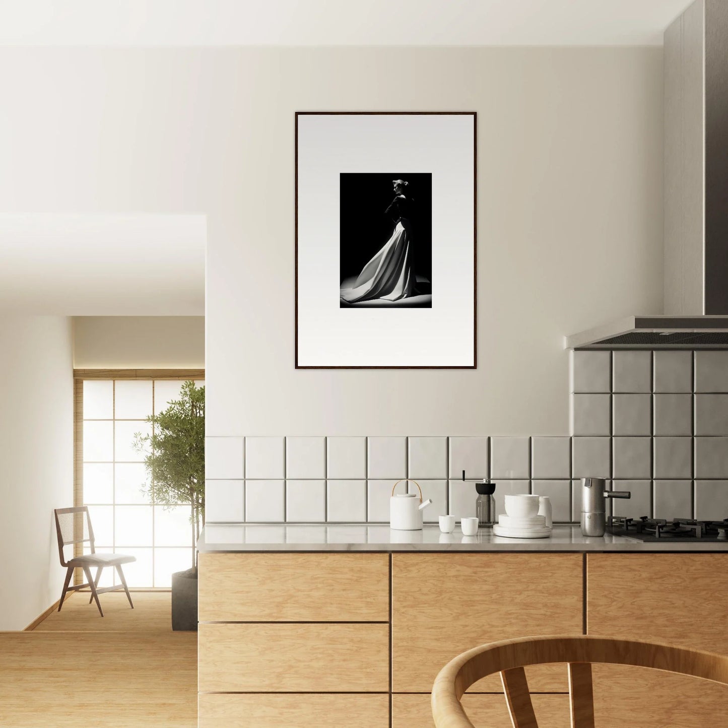 Framed wall art of a flowing dress in veiled monochrome journey style