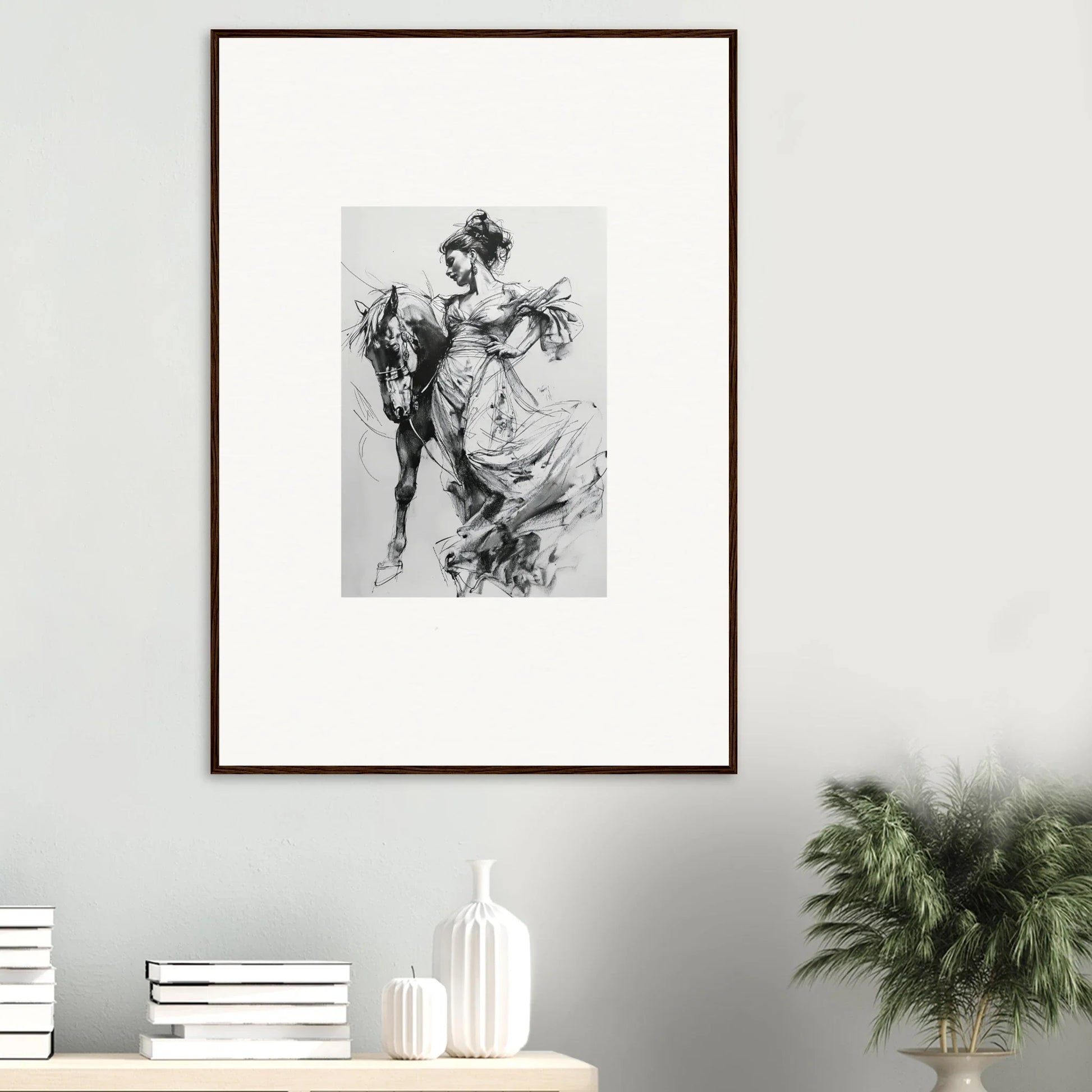 Framed black and white sketch of a woman by a horse in Stardust Morph Whimsy art