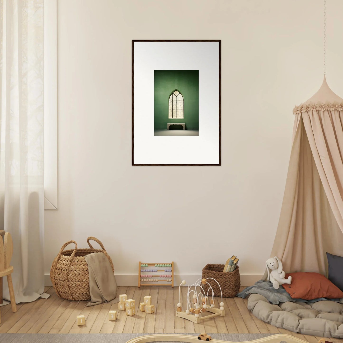 Framed Evermind Greenthaum art print of a gothic window on a green background