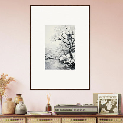 Framed black and white photo of a winter tree by a snowy stream, Chilled Lunar Embrace