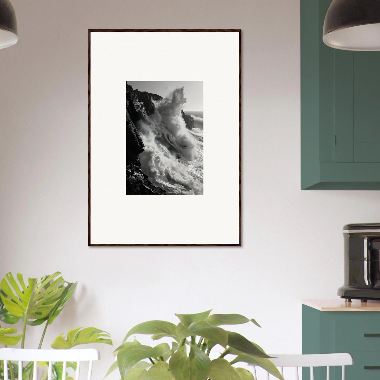 Framed black and white photo of crashing waves in Tempest Winks Reverie art