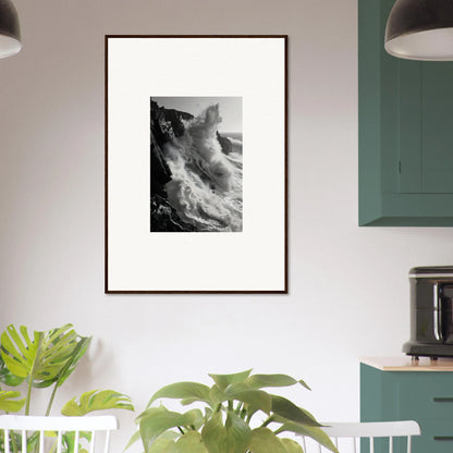 Framed black and white photo of crashing waves in Tempest Winks Reverie art