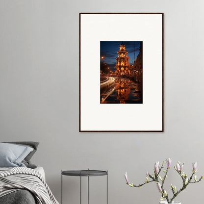 Framed wall art of Luminous Neo’ici Dops with a clock tower reflection at night