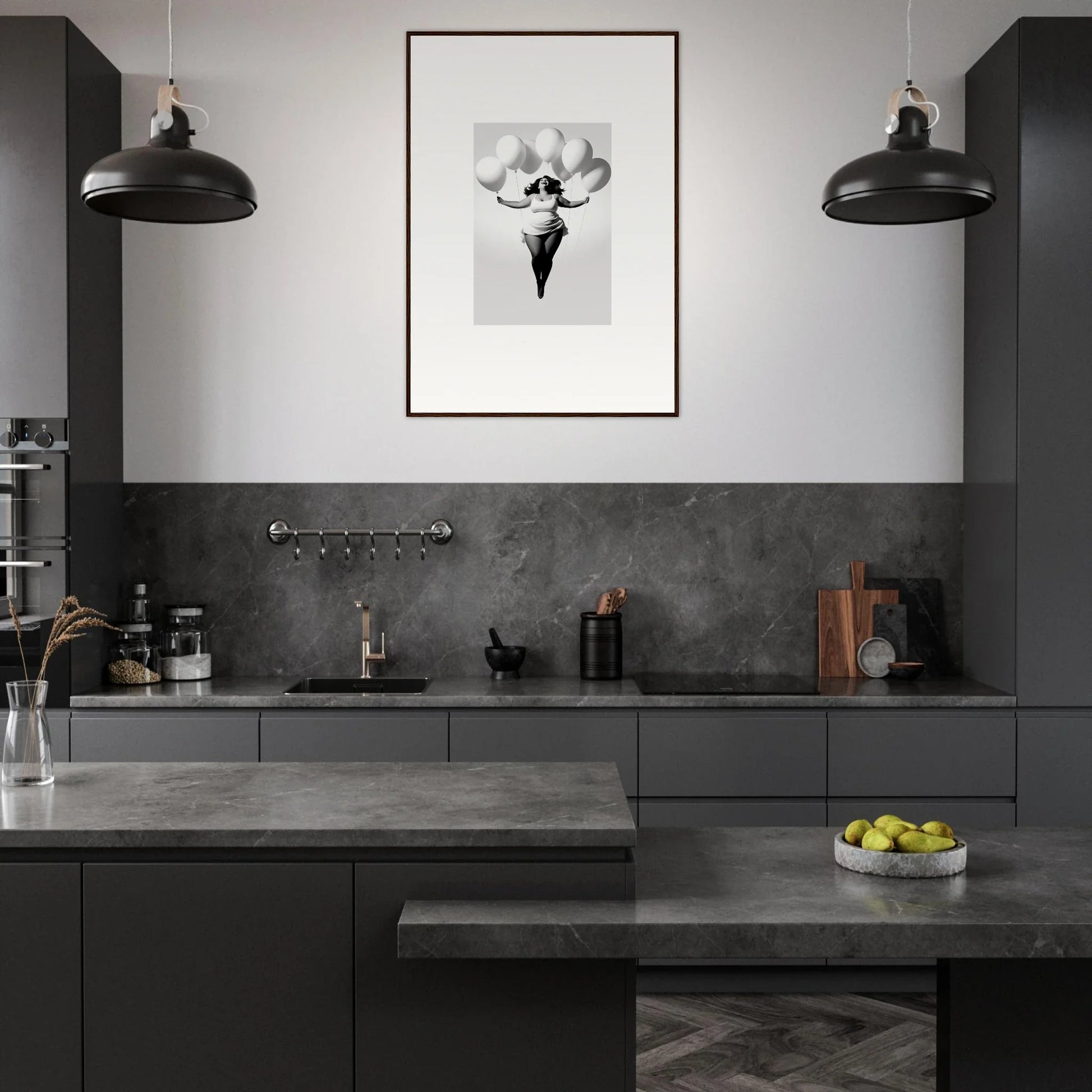 Modern dark gray kitchen featuring Rosy Liberties Soar framed wall art and black pendant lights