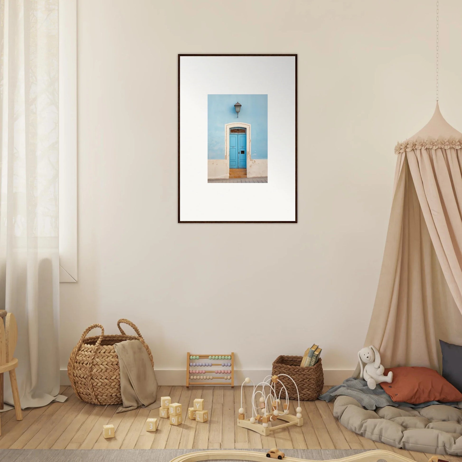 Framed wall art of a blue door with a lantern, part of Surreal Azure Vesaurrezz