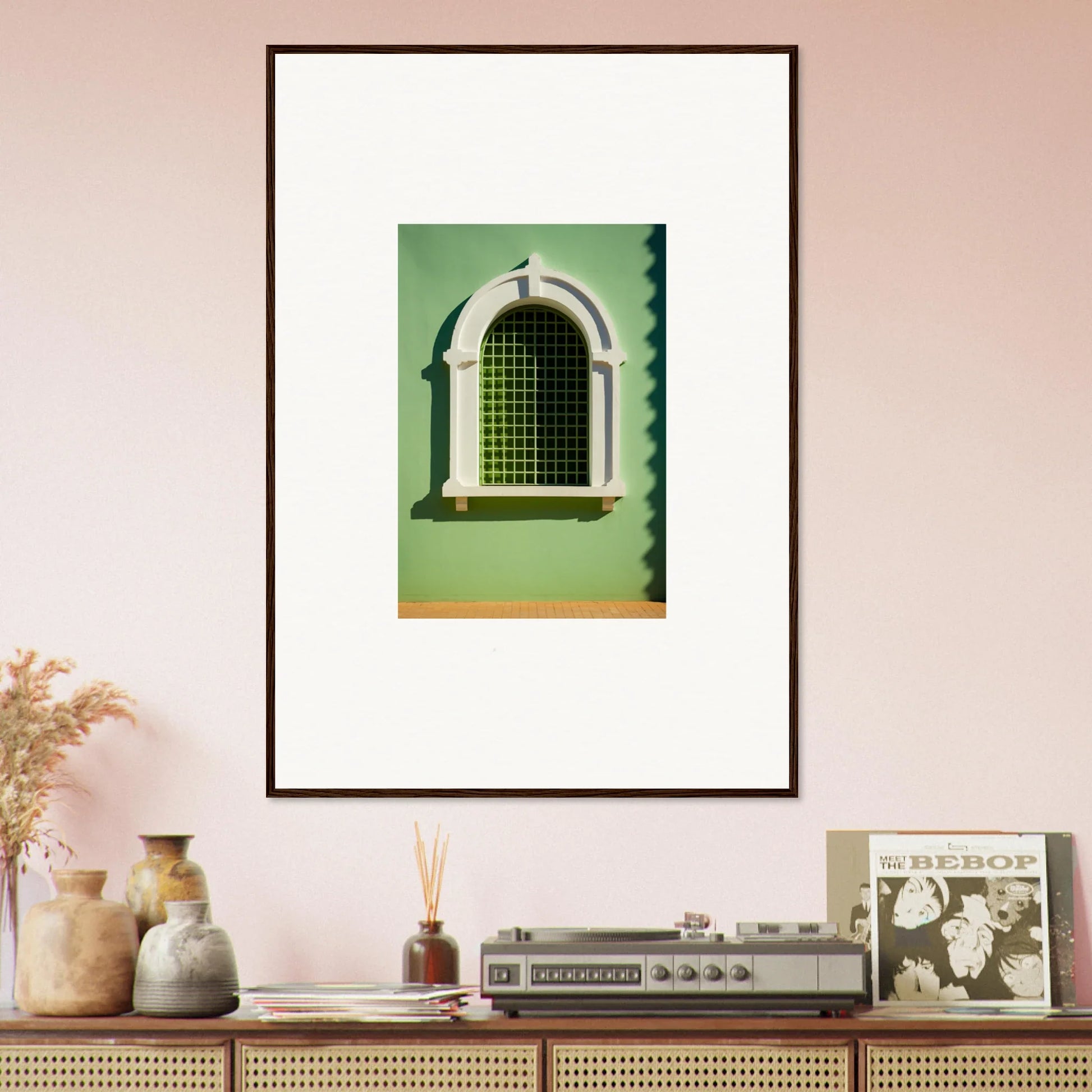 Framed art print of a visible equilibrium window with decorative metalwork