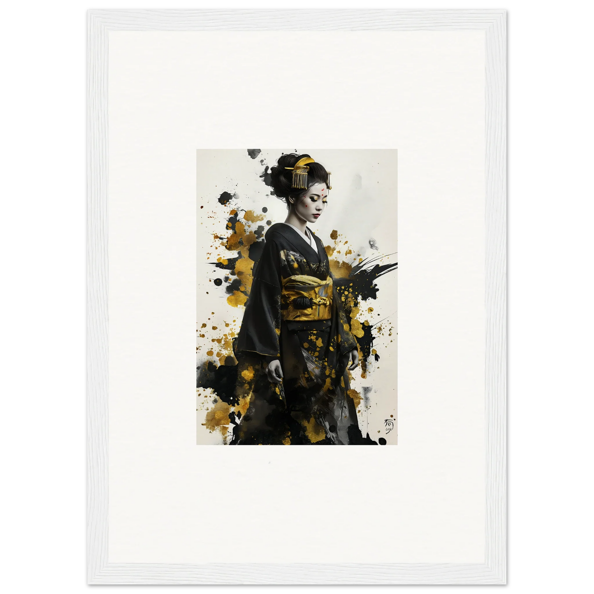 Artistic portrait of a Geisha in a traditional kimono with gold paint, special edition art™