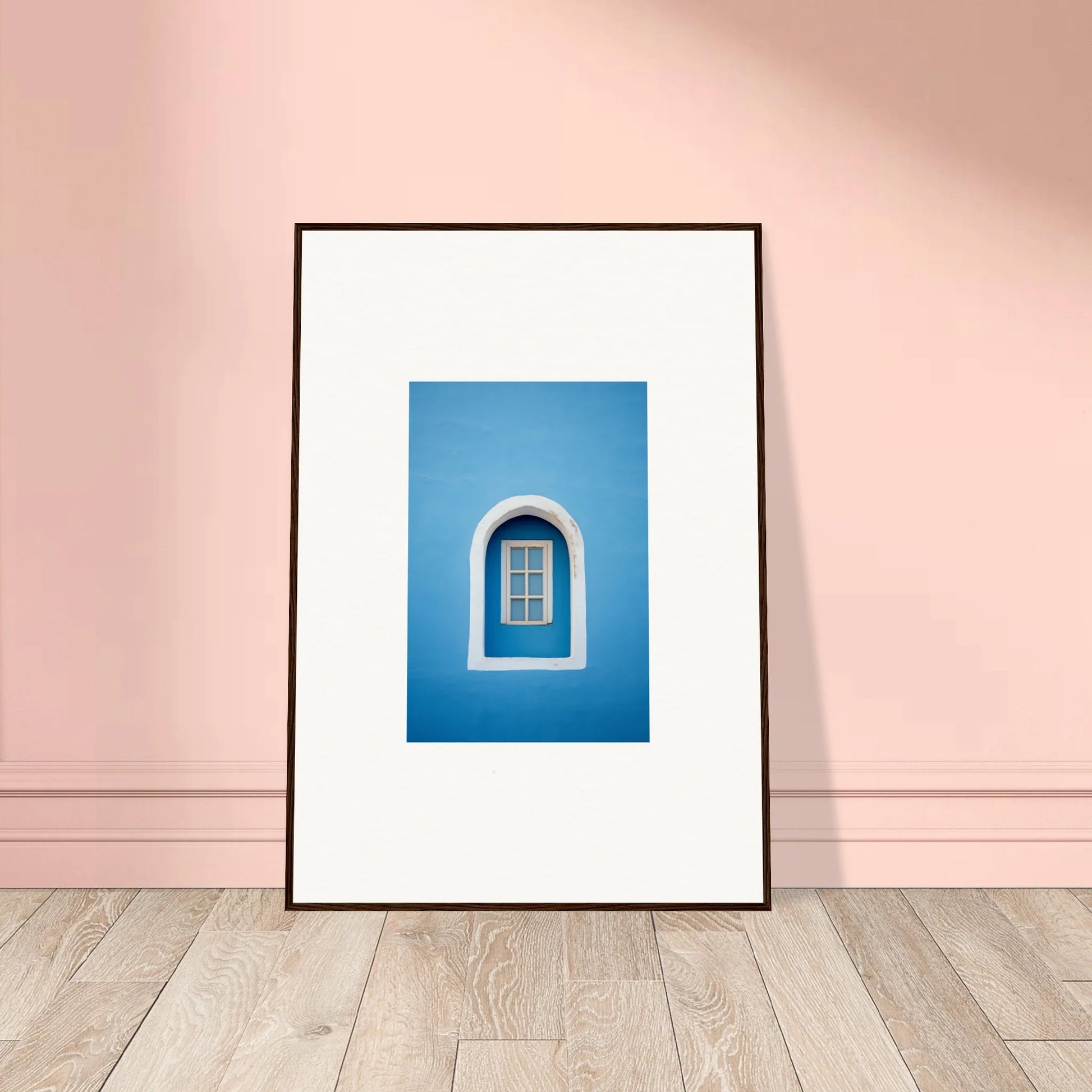 Framed arched white window on blue wall in Whispers Sky Mosaic special edition art™