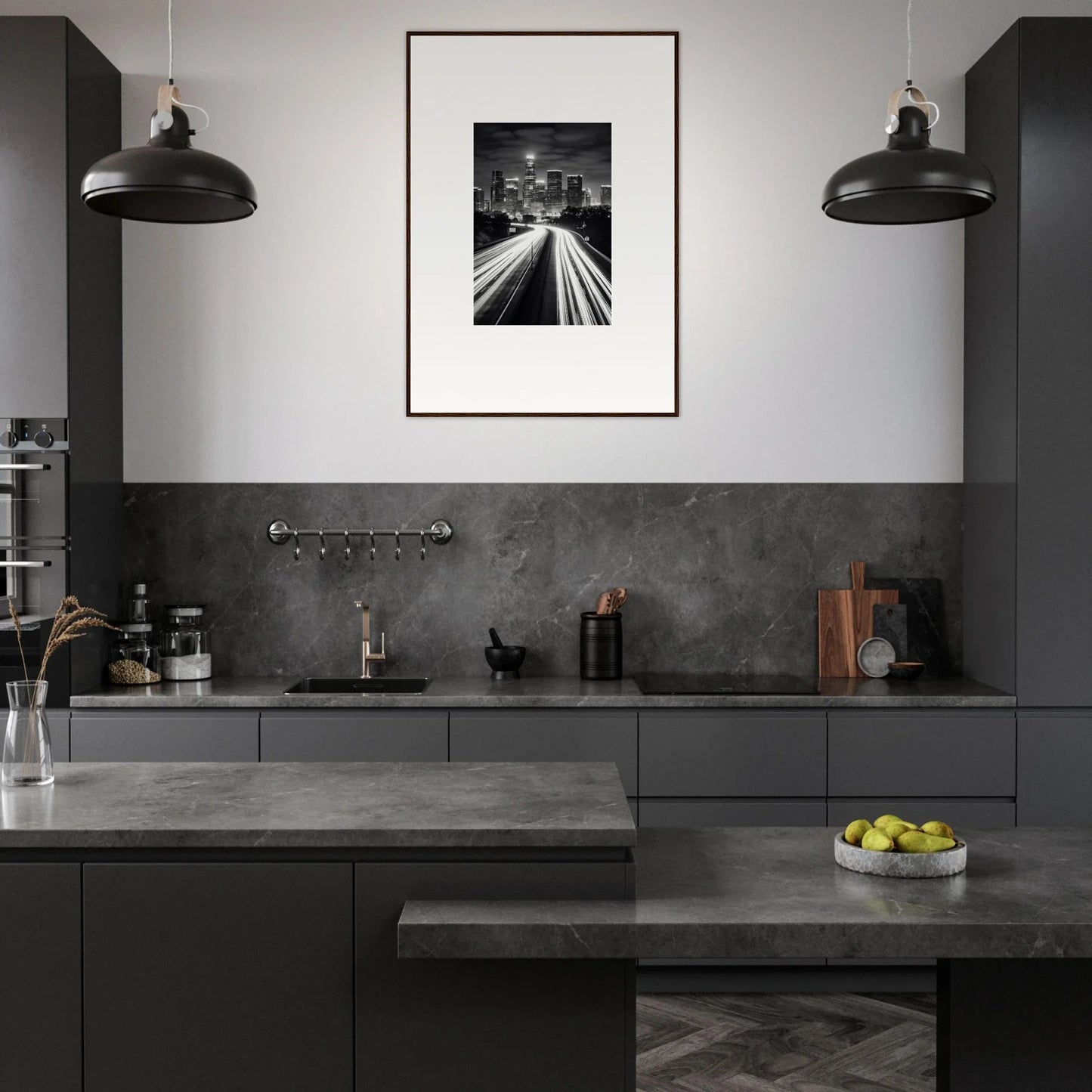 Modern dark gray kitchen featuring framed wall art and industrial pendant lights