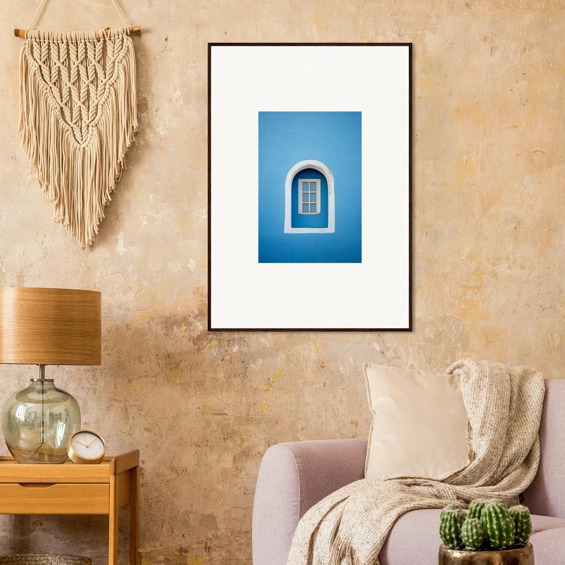 Framed photograph of Whispers Sky Mosaic featuring a blue-walled window arch