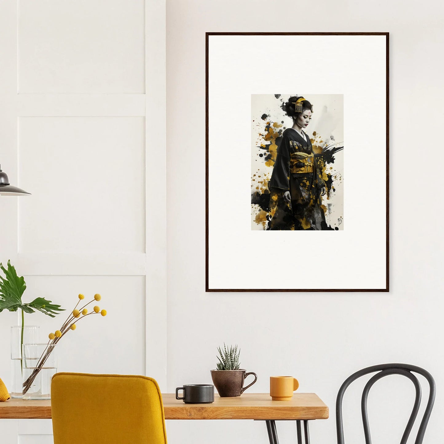 Framed Eclipsed Ukiyo Symphony art featuring a figure in a colorful kimono with splashes