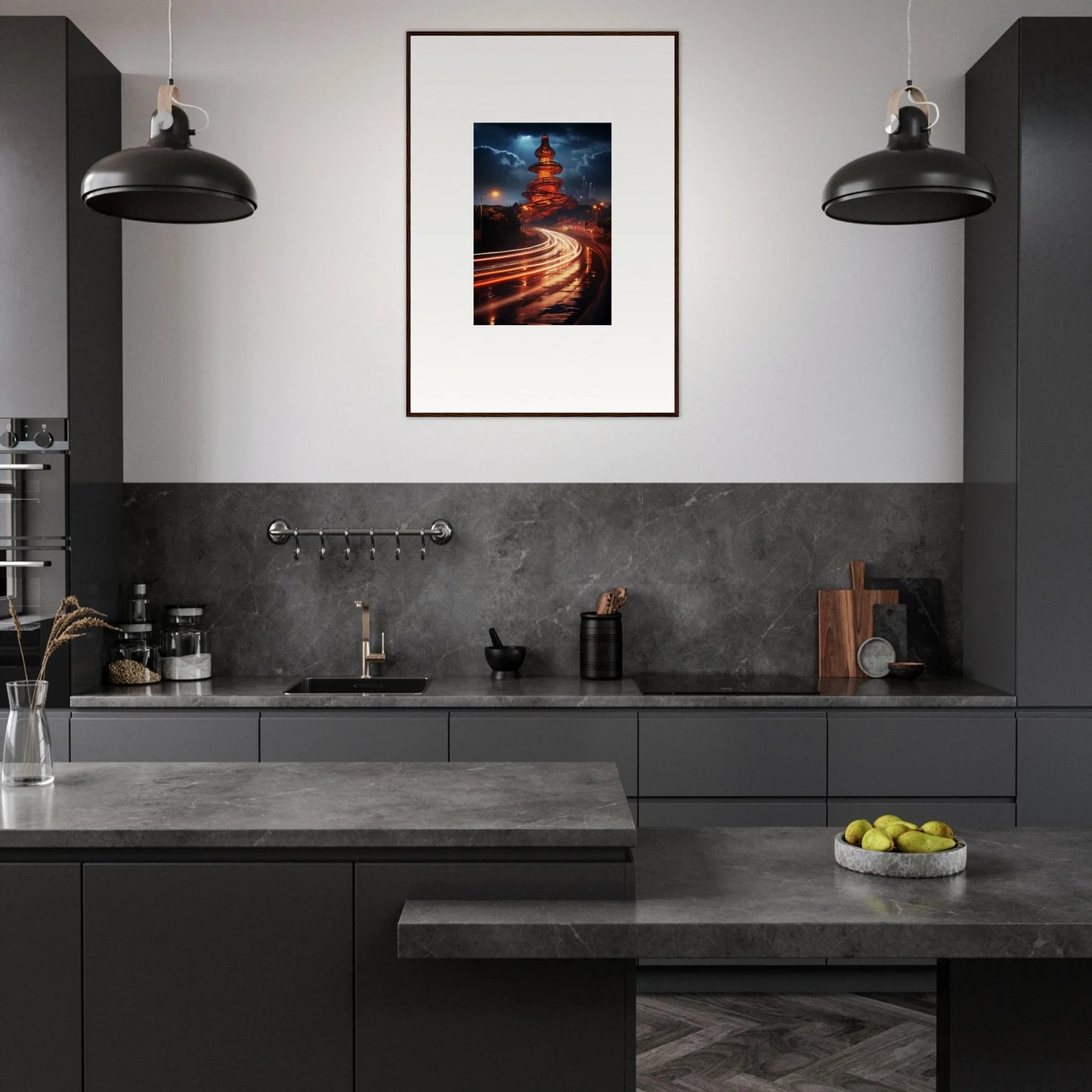 Modern dark gray kitchen with industrial lights and red cityscape, perfect for Hyperloop Dreams Extravaganza