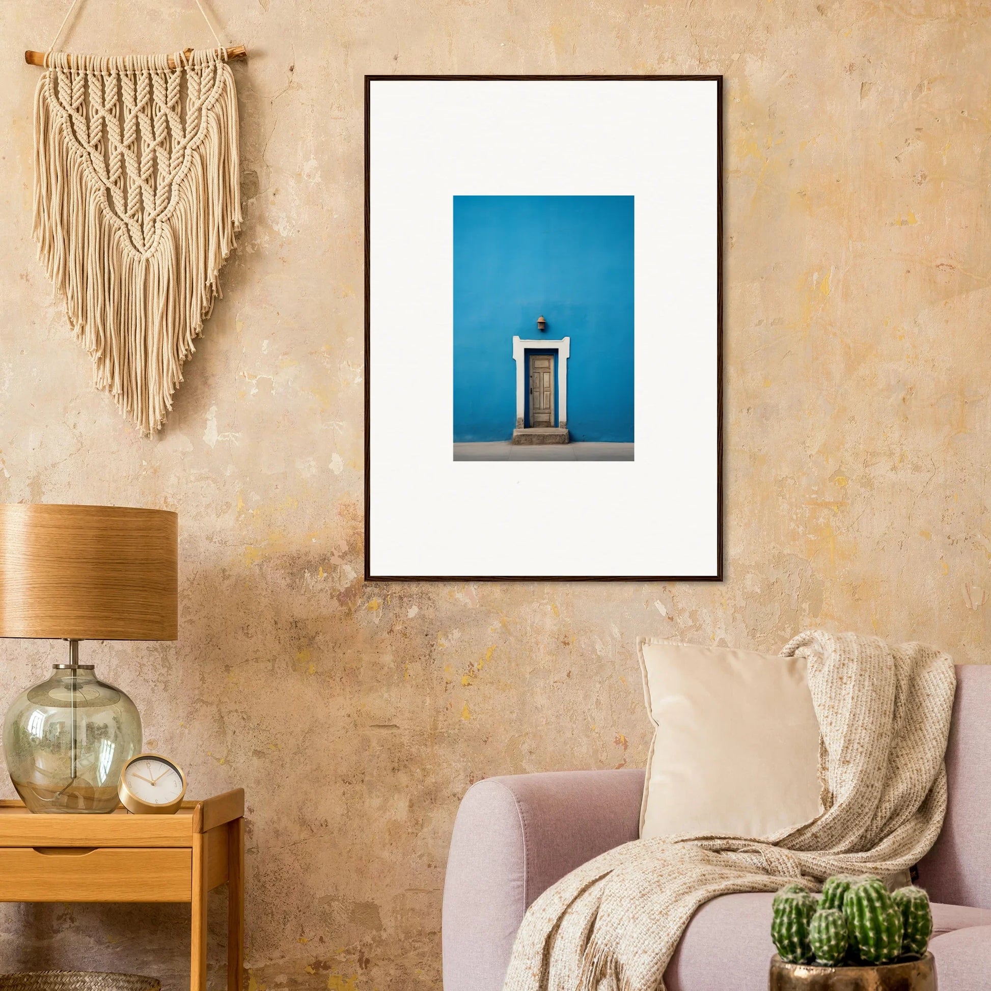 Framed white coffee press on bright blue in Eternal Cerulean Cloister special edition art™