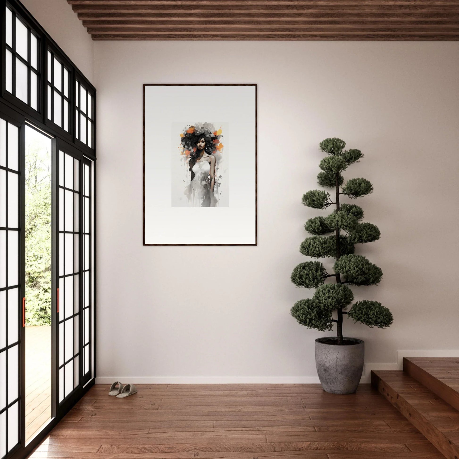 Minimalist abstract artwork with dark splashes, framed wall art for Ethereal Echoes Blossoms