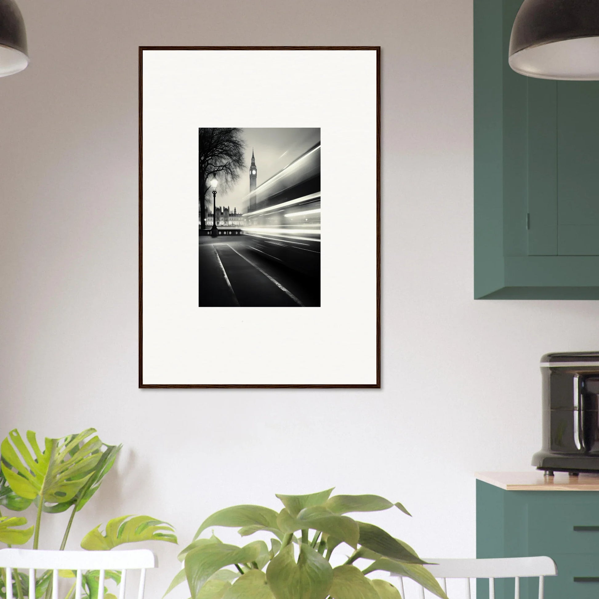 Framed black and white Big Ben photo with light trails, Fluid Timeless Pulse art piece