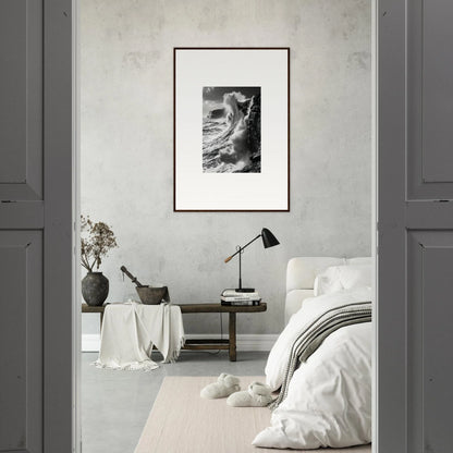 Monochromatic bedroom with minimalist decor and Tidal Curved Reality framed wall art